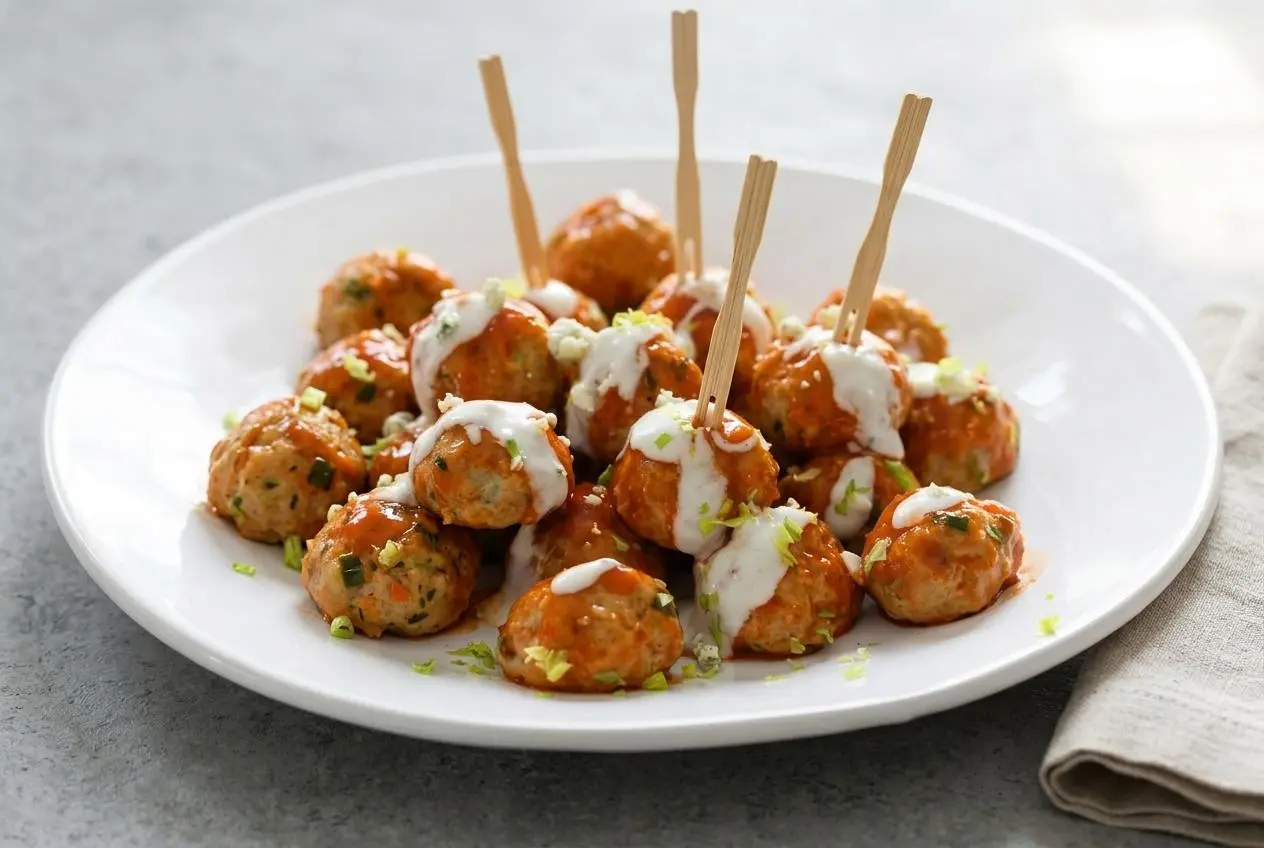 A white bowl of buffalo chicken meatballs coated in a glossy orange sauce, garnished with scallions and served with blue cheese dip.