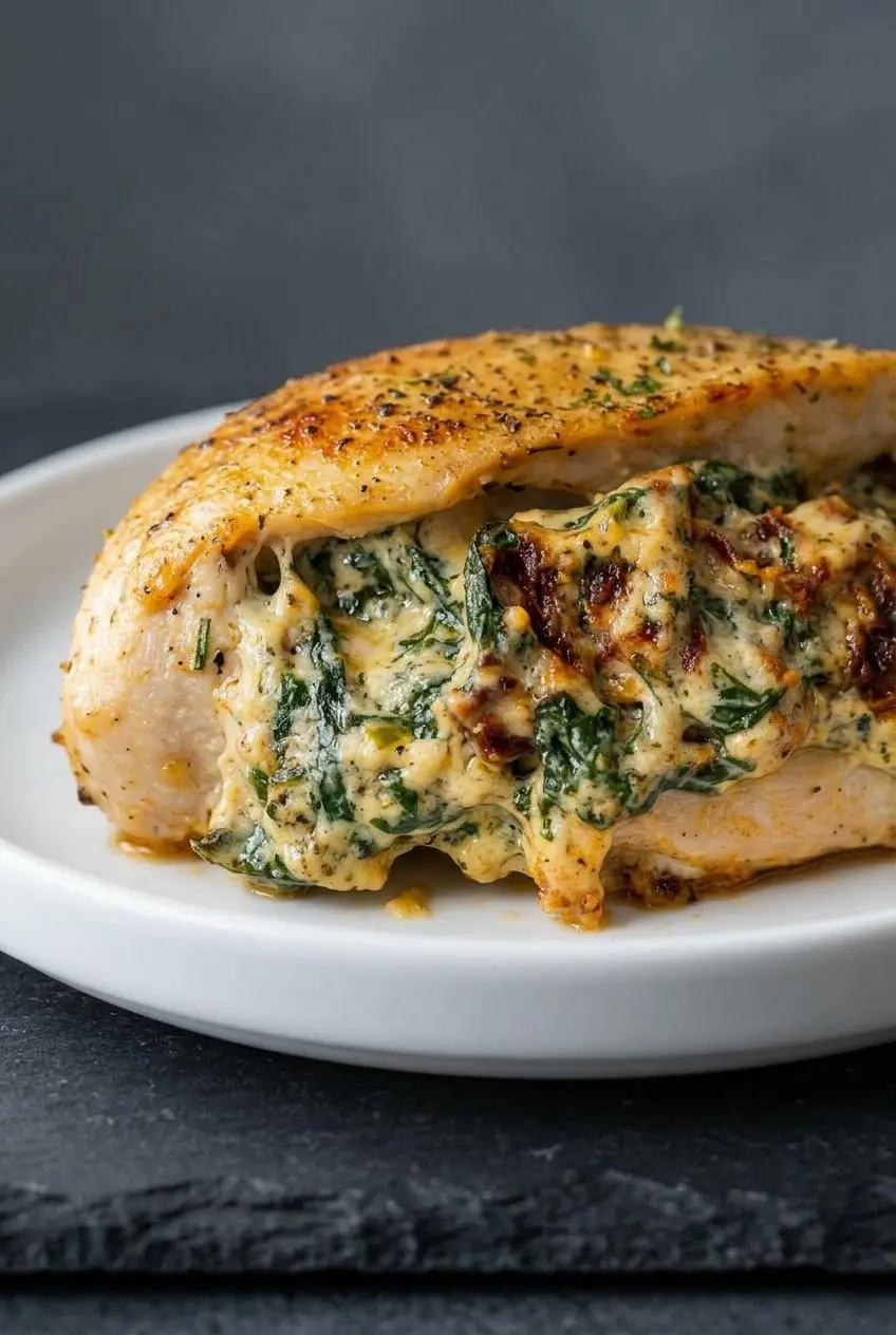 A tight macro close-up of a sliced stuffed chicken breast, showing the golden seared crust, juicy white meat, and creamy spinach filling.