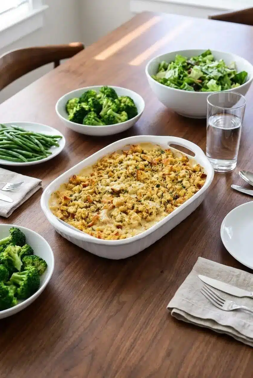 A serving of Chicken and Stuffing Bake on a dinner plate with a fork, ready to be enjoyed as a comforting weeknight meal.