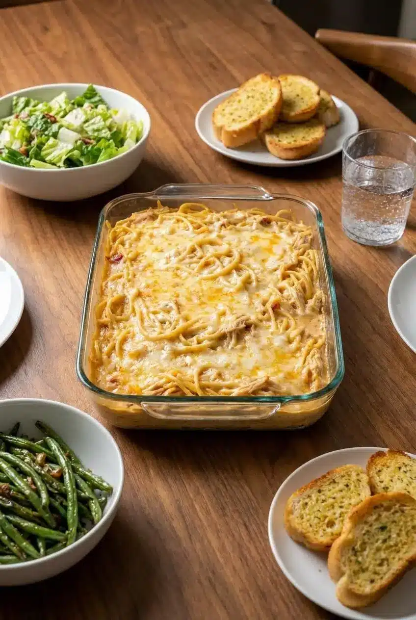 A serving of the baked chicken spaghetti recipe on a white plate with a fork, ready for a comforting weeknight meal.
