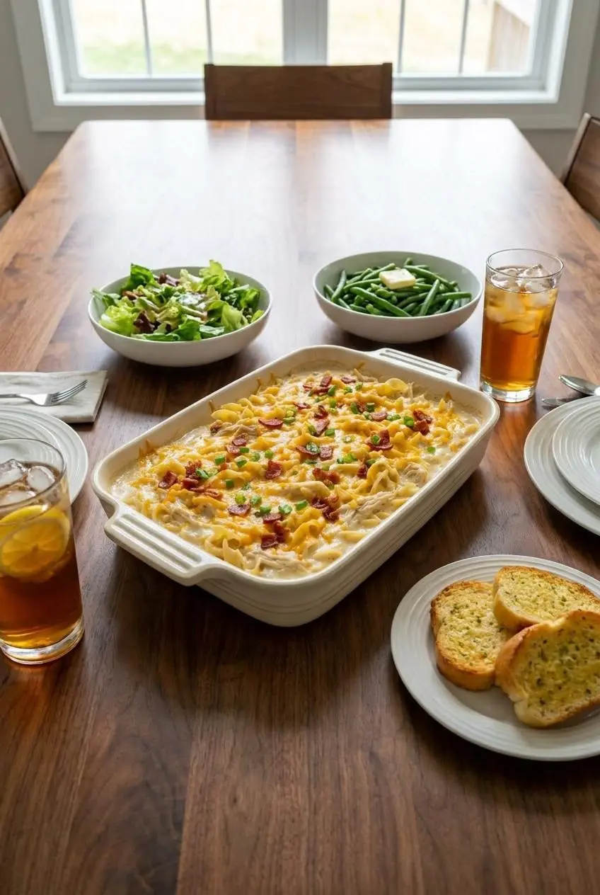 A scoop of creamy Crazy Good Casserole on a white plate, garnished with fresh herbs and ready for a cozy weeknight dinner.