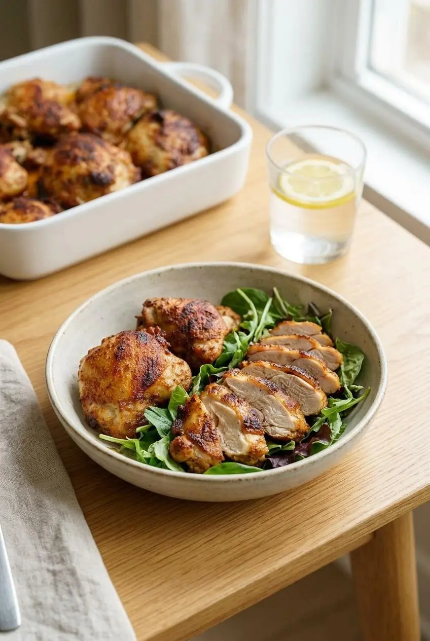 Sliced baked chicken thigh served over a bed of mixed greens in a rustic bowl, ready for a light meal.