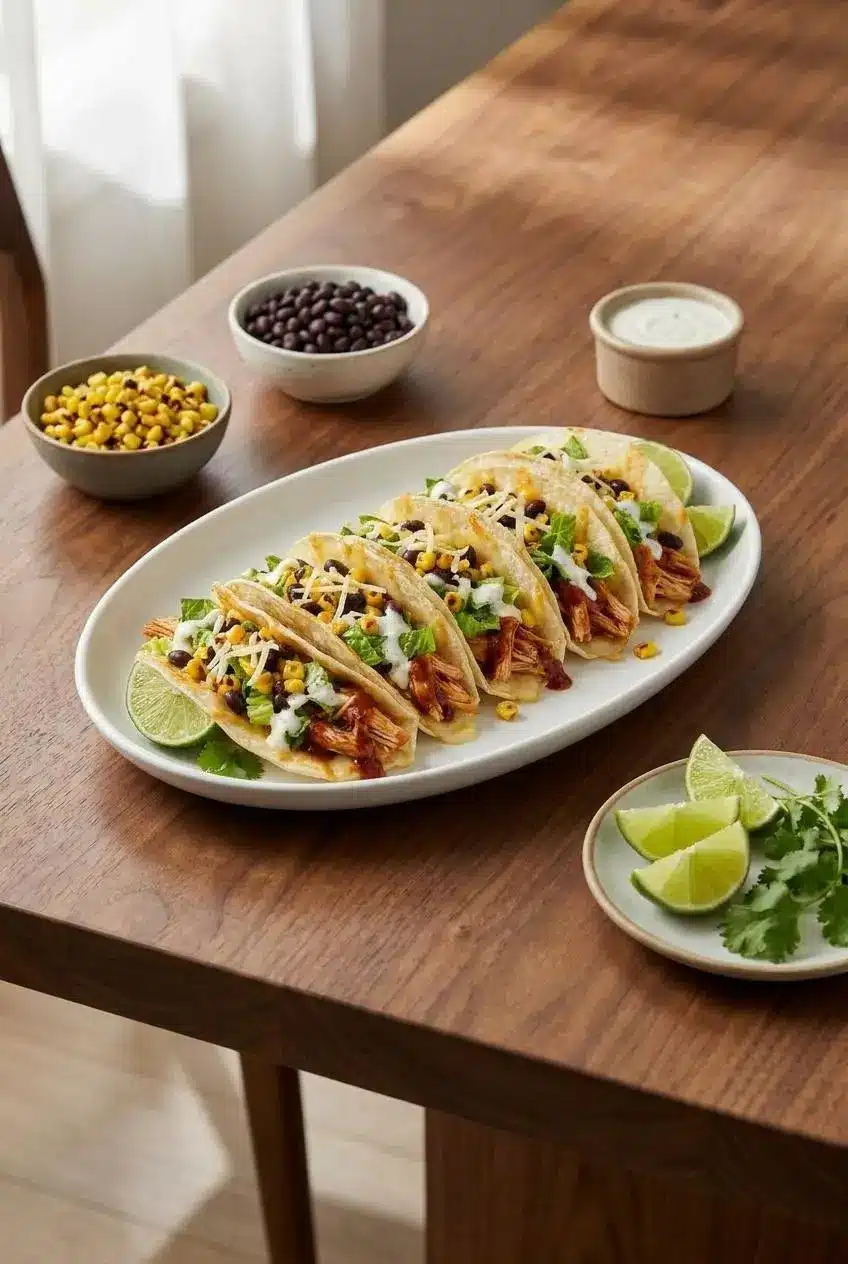 A platter of finished BBQ chicken tacos ready to be served family-style with bowls of toppings like corn and avocado.