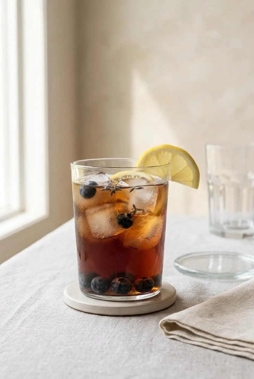 Two glasses of blueberry lavender iced tea served on a sunlit dining table, suggesting a relaxed social setting.