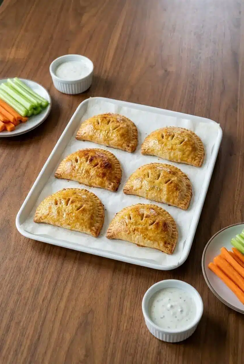 A basket of warm Buffalo Chicken Pizza Pockets served on a platter with a small bowl of ranch dressing for dipping.