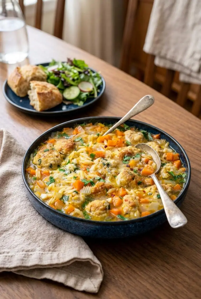 A bowl of chicken meatball soup served on a wooden dining table with a piece of crusty bread and a green salad in the background.
