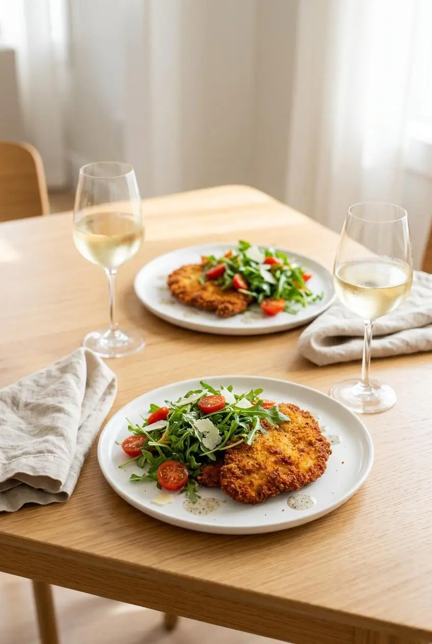 Two plates of Chicken Milanese topped with salad, served on a wooden table with linen napkins and glasses of white wine.