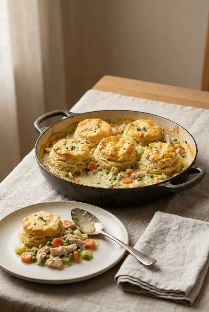 A serving of chicken pot pie with biscuits on a white plate, next to the full casserole dish on a linen-covered table.
