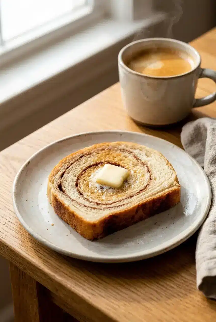 A thick, toasted slice of cinnamon swirl bread on a rustic plate, with a pat of butter melting on its warm surface next to a cup of coffee.