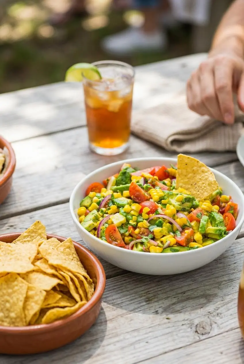 A bowl of corn and avocado salad on a picnic table next to a bowl of tortilla chips, served as a dip for a party.