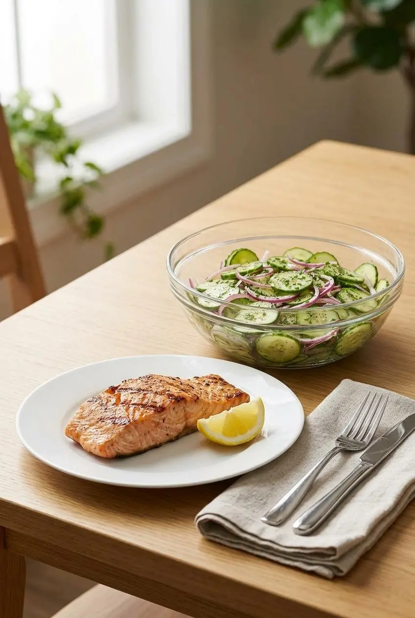 A meal setting on a wood table with a bowl of cucumber dill salad served next to a plate of grilled salmon with a lemon wedge.