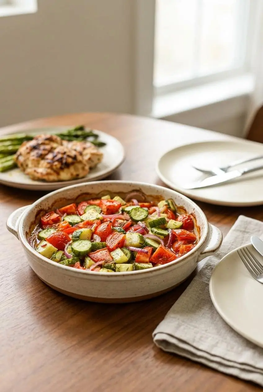 A bowl of cucumber tomato salad on a wooden dining table next to a plate and napkin, ready to be served as part of a healthy meal.
