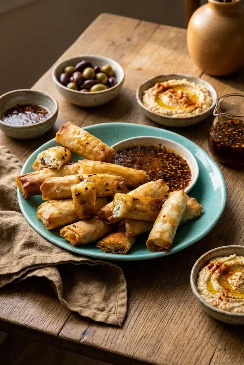 A platter of oven-fried feta rolls served on a wooden table as part of a mezze spread with small bowls of hummus and olives.