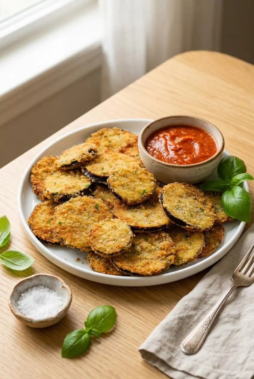 A white ceramic platter of crispy fried eggplant slices served as an appetizer with a side bowl of red marinara sauce for dipping.