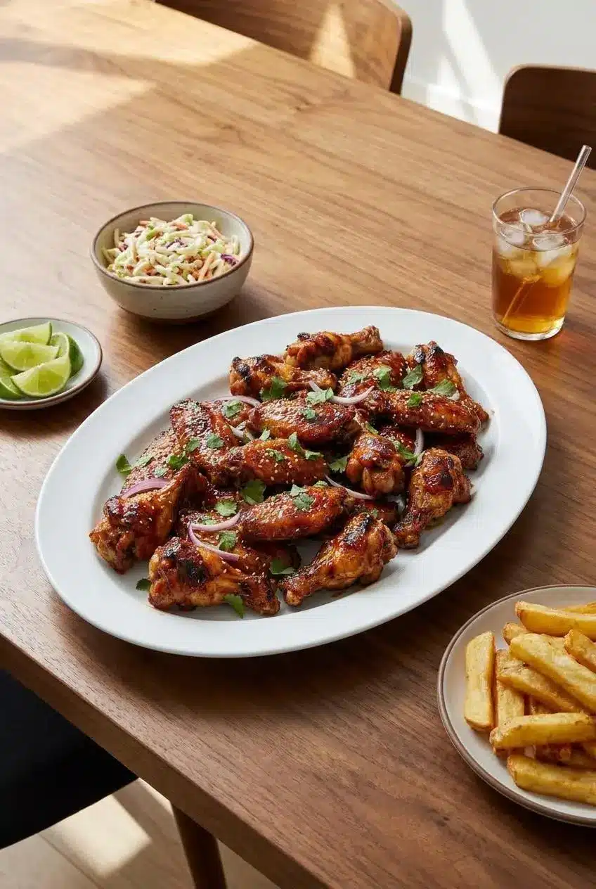 A bowl of our Guava Glazed Chicken Wings recipe served on a party platter with lime wedges and cilantro for a festive game day spread.