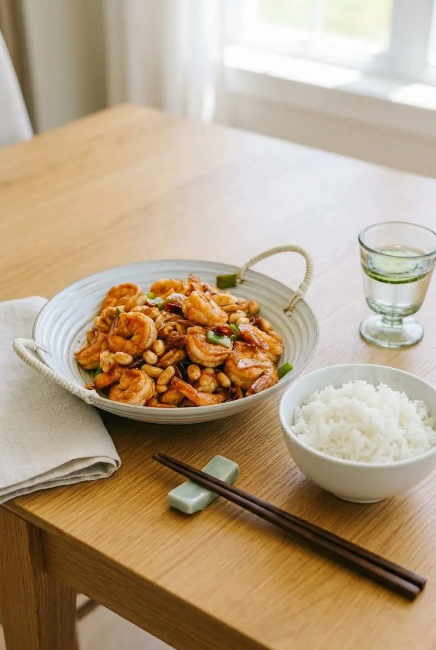 A bowl of kung pao shrimp served on a wooden table alongside a bowl of white jasmine rice and a pair of chopsticks.
