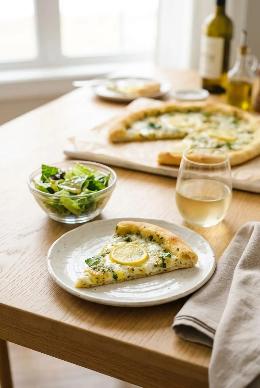 A slice of lemon pizza on a white plate, served with a simple green salad and a glass of white wine.