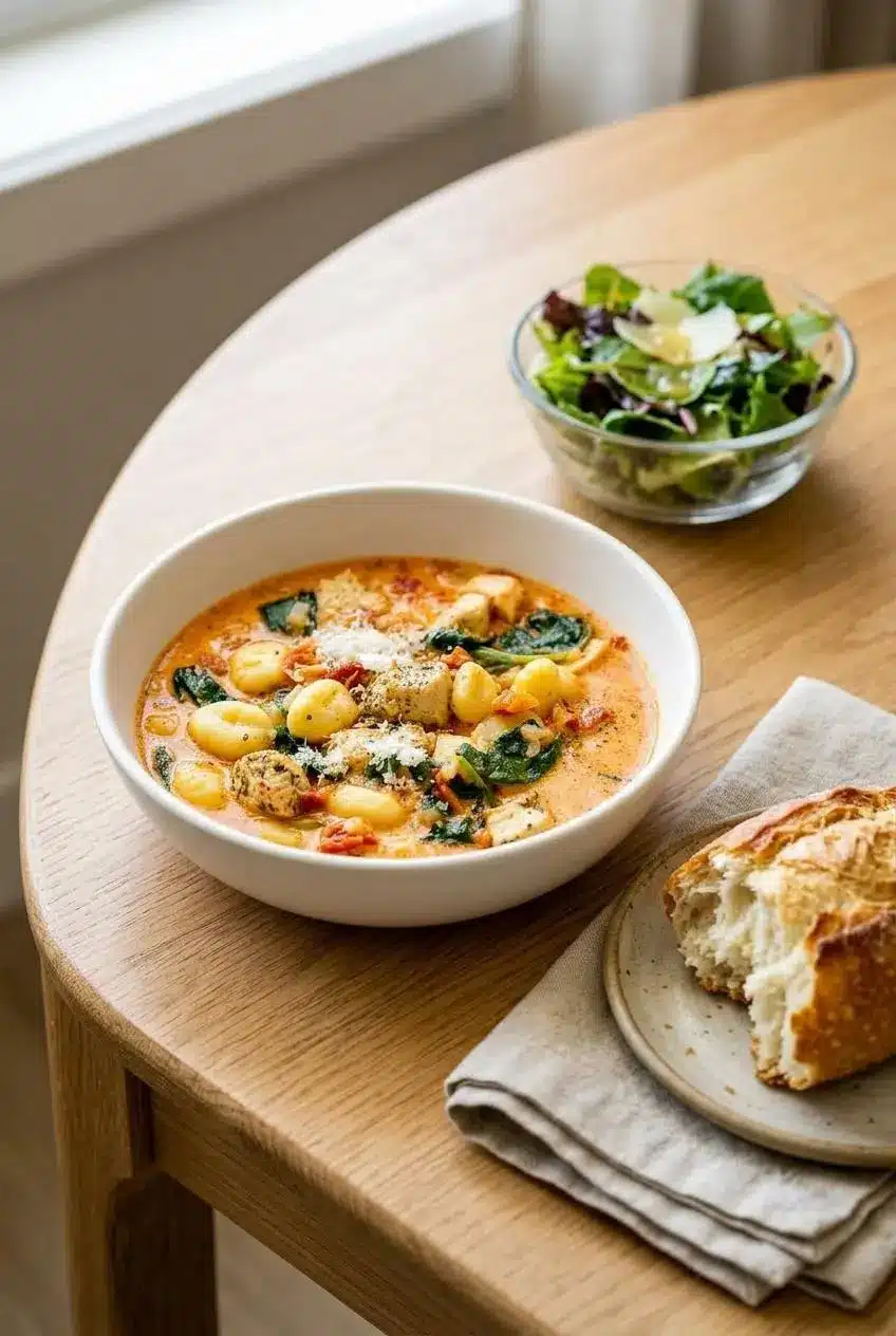 A bowl of Marry Me Chicken Soup served on a light wood table with a piece of crusty bread and a small side salad.