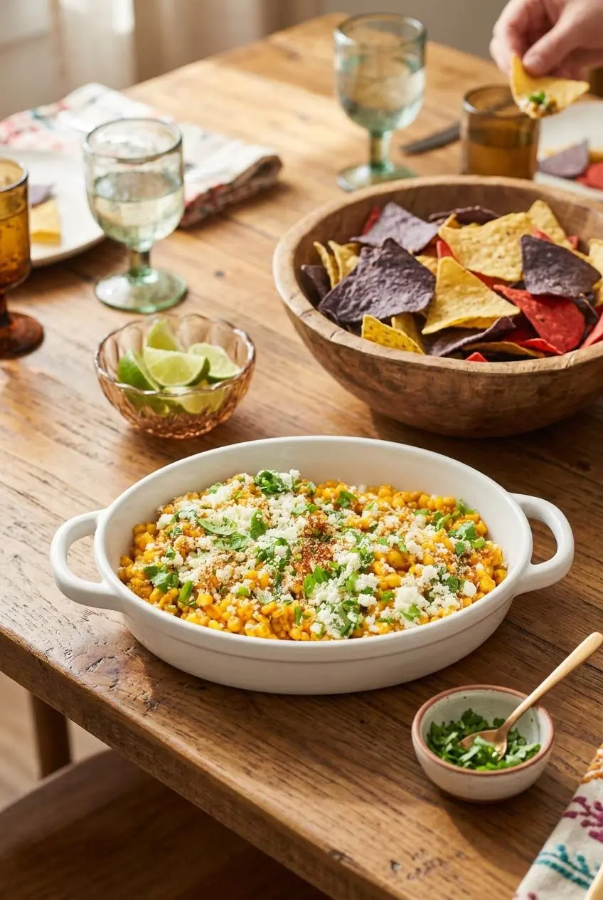 A bowl of Mexican street corn served as a dip on a rustic wooden table with a large bowl of tortilla chips nearby for a party.