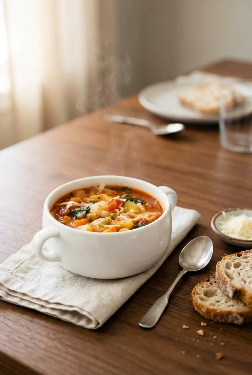 A bowl of minestrone soup served on a wooden dining table with a piece of crusty bread and a small bowl of grated Parmesan cheese.
