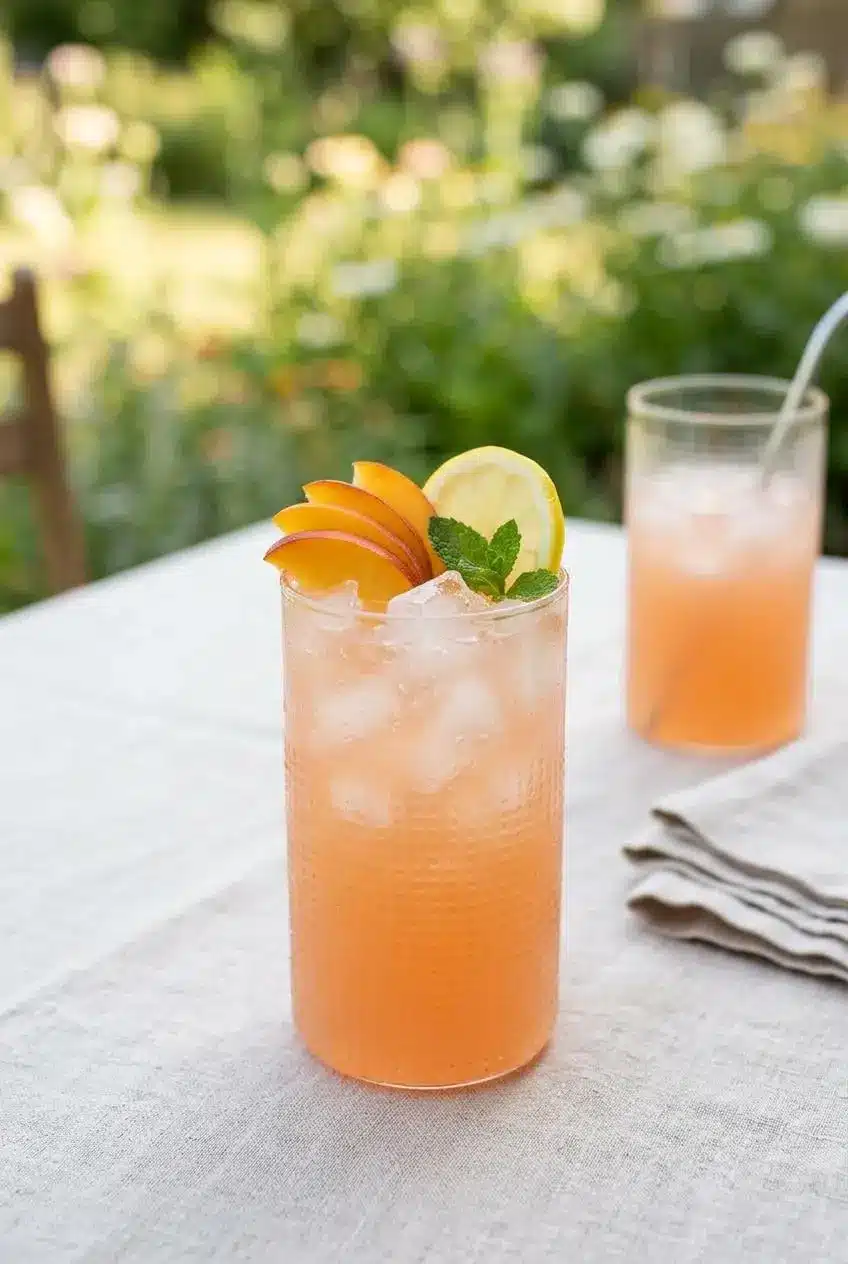 A glass of iced peach lemonade with a peach slice and mint garnish, set on a linen-covered table outdoors.