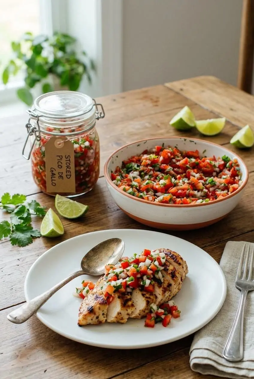 A spoonful of fresh pico de gallo being placed on top of a grilled chicken breast on a white plate.