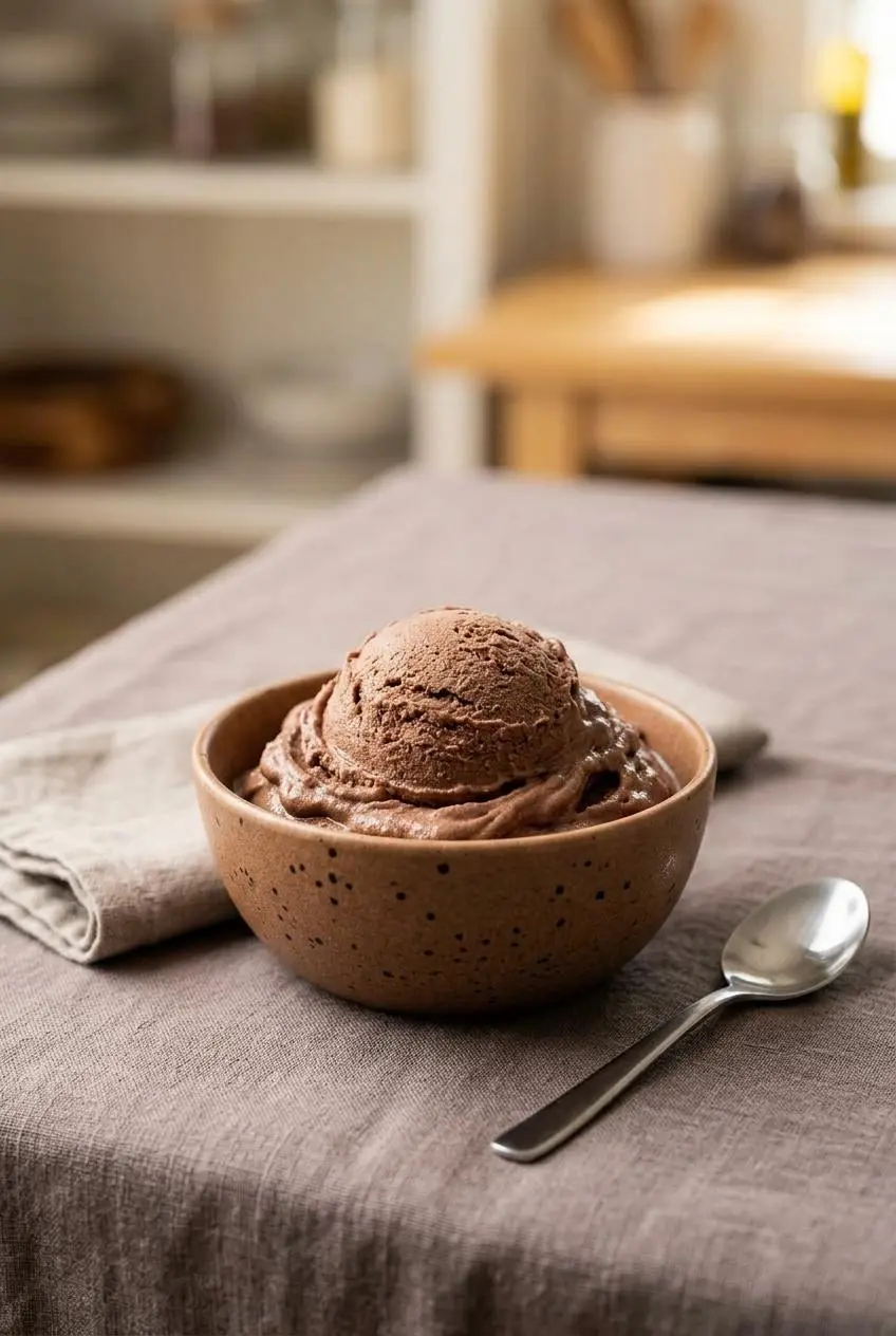 A single scoop of chocolate protein ice cream in a bowl with a spoon on the side, set on a linen tablecloth.