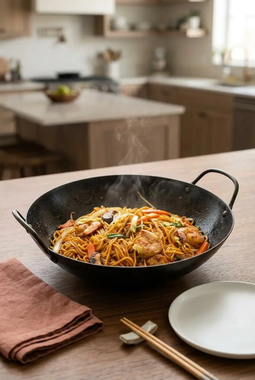A large bowl of shrimp lo mein on a wooden table, ready to be served onto a plate for a weeknight meal.