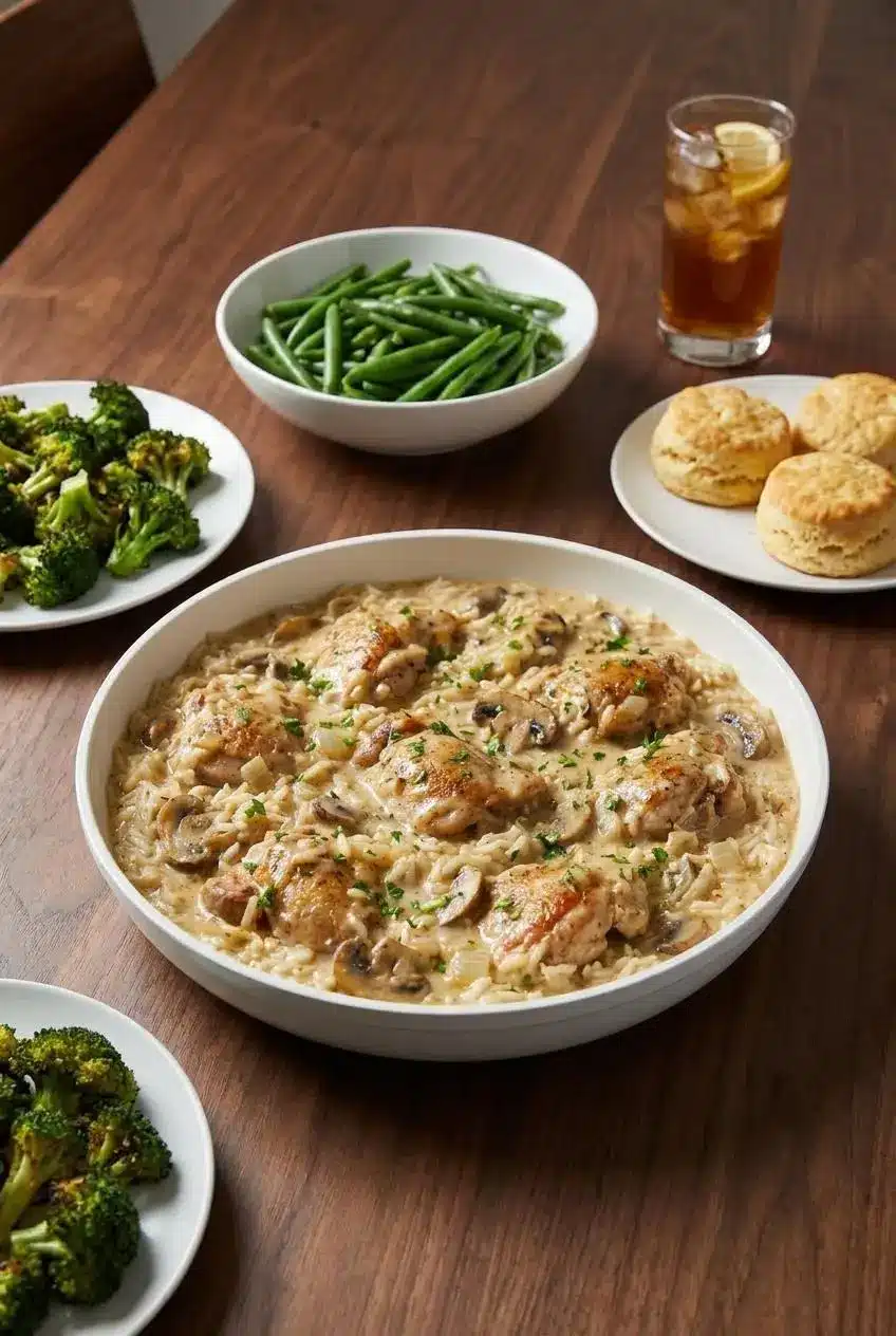 A single serving of creamy smothered chicken and rice on a white plate, garnished with fresh parsley and ready to eat for dinner.