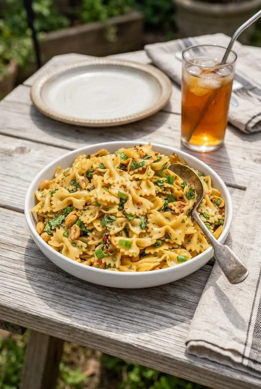 A large bowl of Thai pasta salad with a serving spoon, set on a wooden picnic table for an outdoor meal.