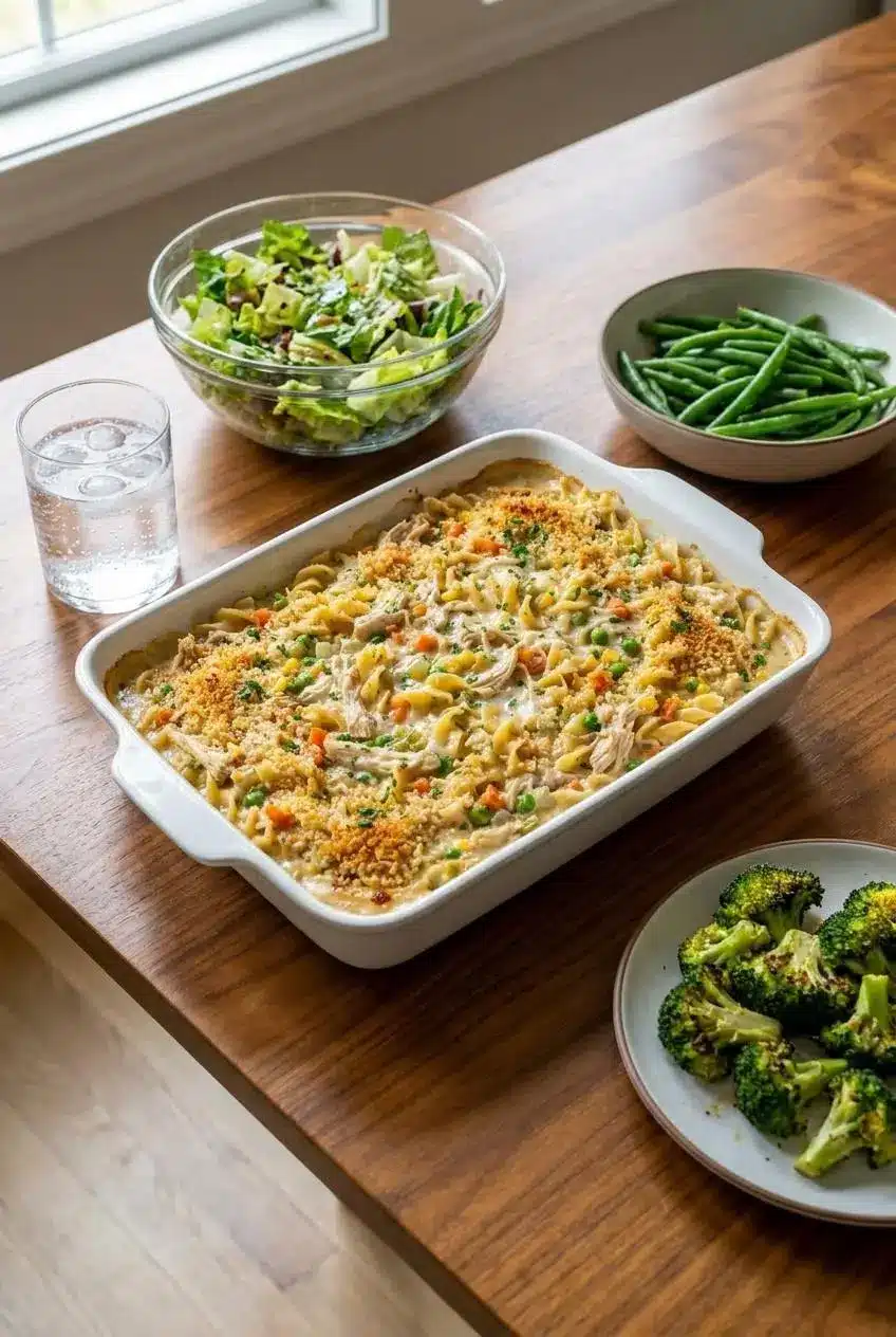A portion of the chicken pot pie noodle bake served on a plate, garnished with fresh parsley for a cozy weeknight dinner.