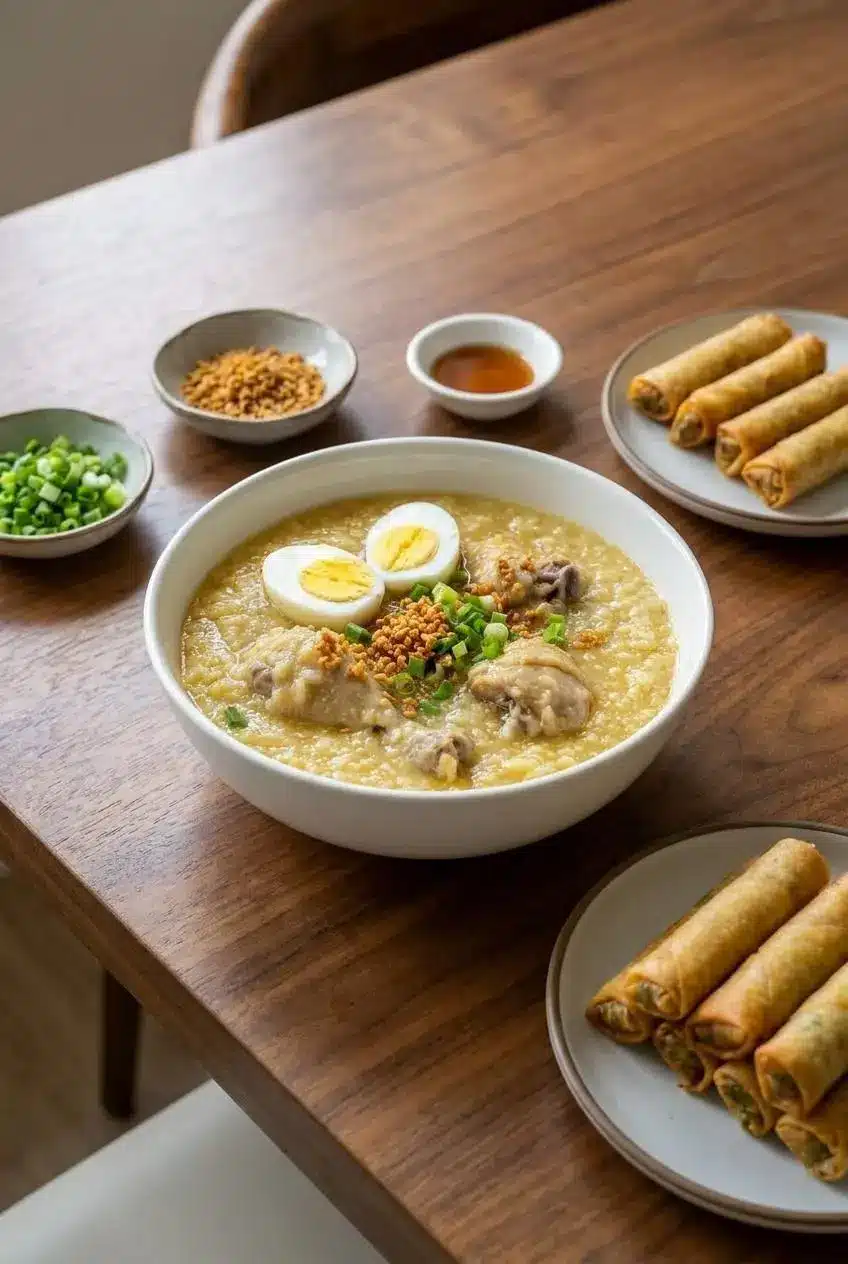 A bowl of Arroz Caldo served on a table, garnished with toppings and ready to be enjoyed with a side of calamansi.