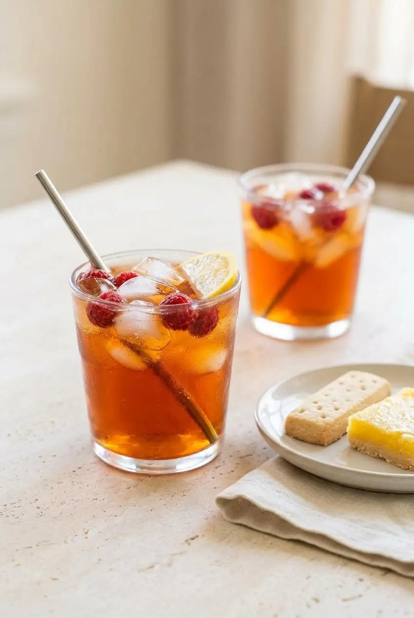 A glass of Earl Grey raspberry tea on a dining table next to a small dessert plate with a lemon bar and shortbread cookies.