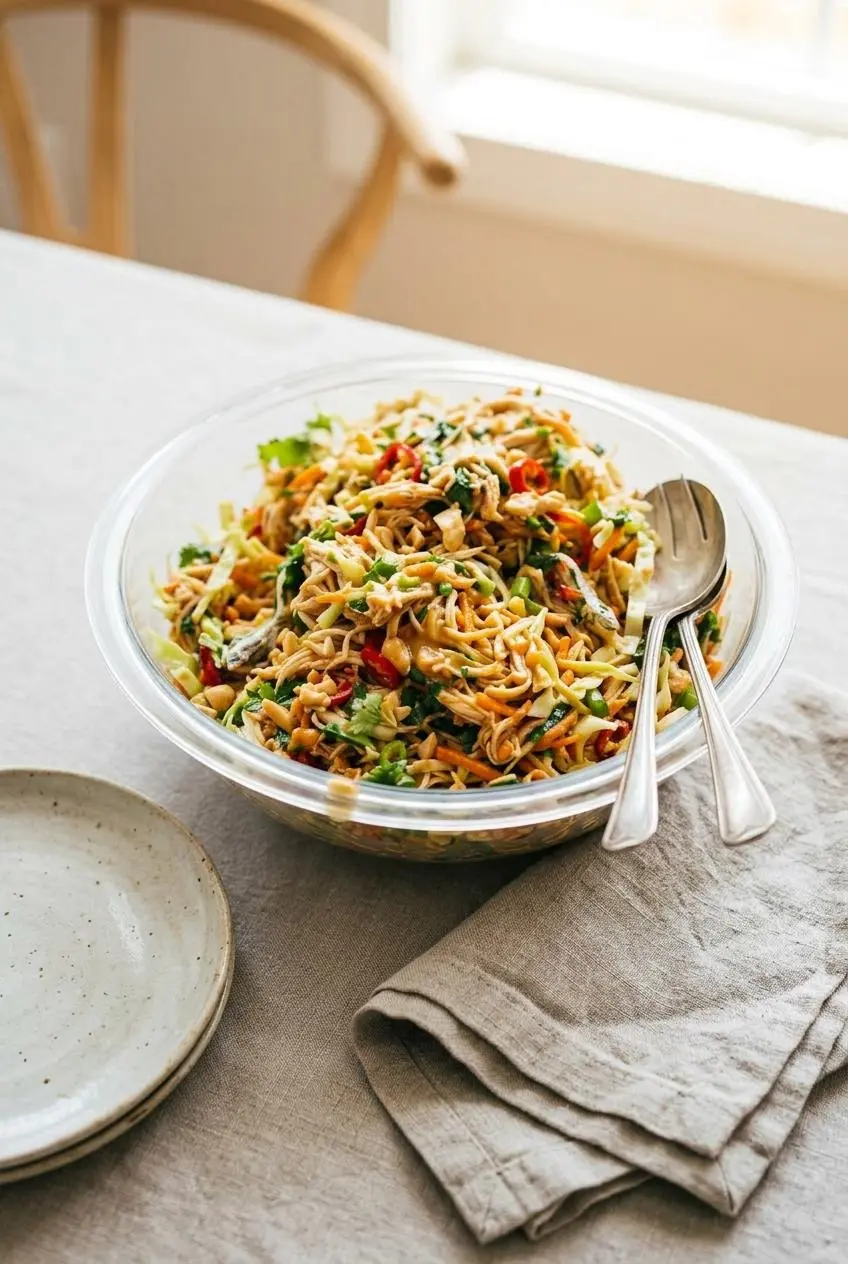 A large bowl of Thai chicken salad on a dining table, ready to be served onto a small plate with serving utensils nearby.