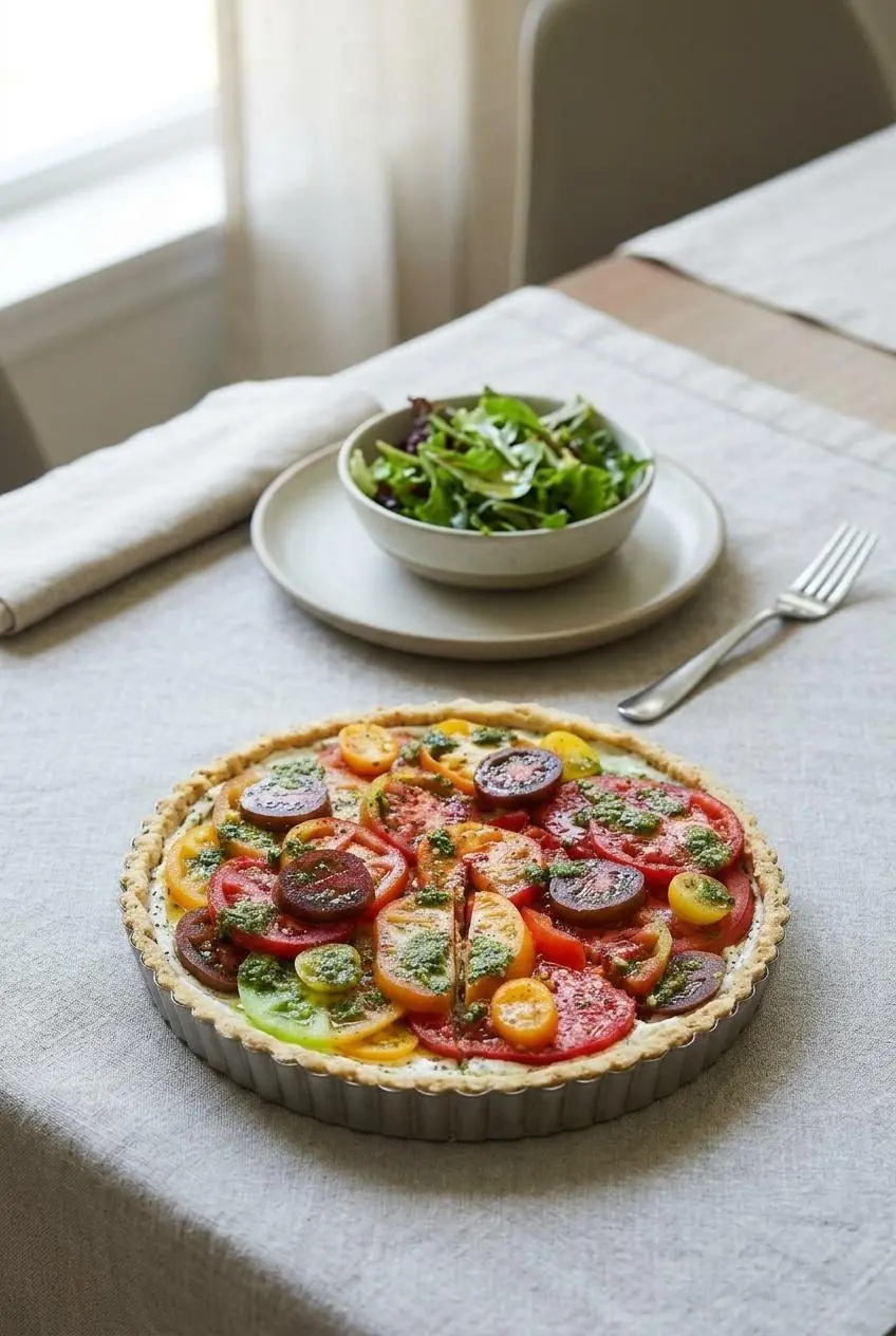 A whole tomato tart served on a linen-covered table for lunch with a simple green salad and a plate with a fork.