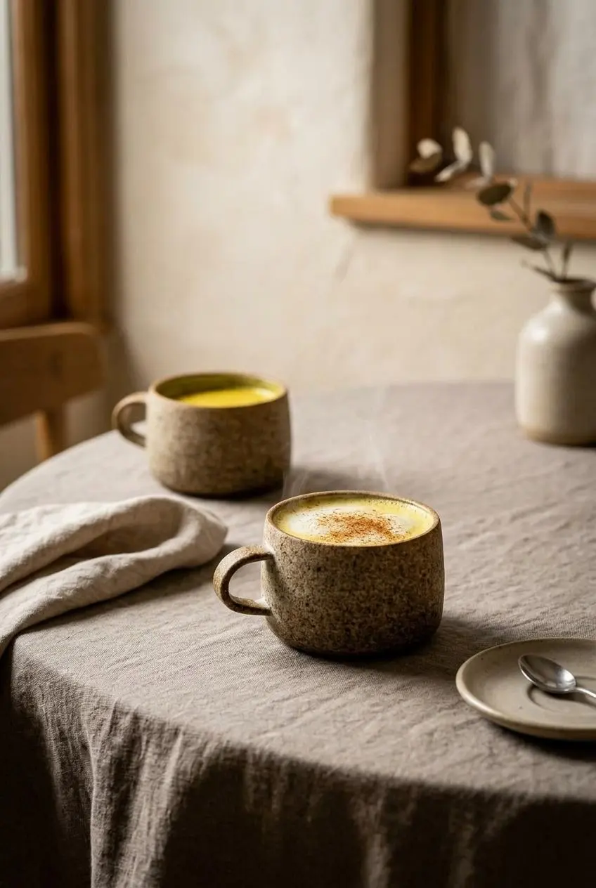 Two mugs of warm turmeric golden milk on a linen-covered table, ready to be served as a cozy evening drink.