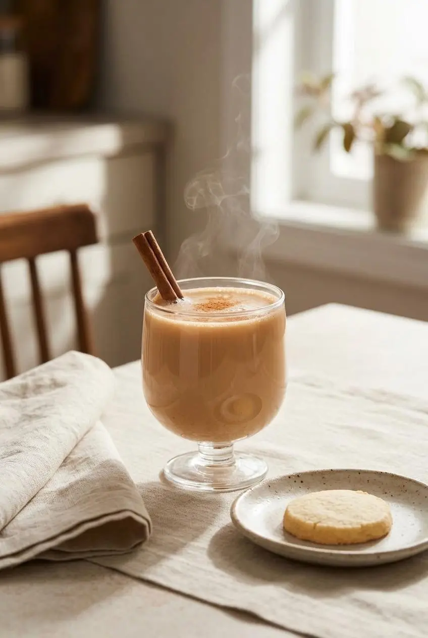 A mug of warm vanilla cinnamon milk tea served on a breakfast table with a folded napkin.