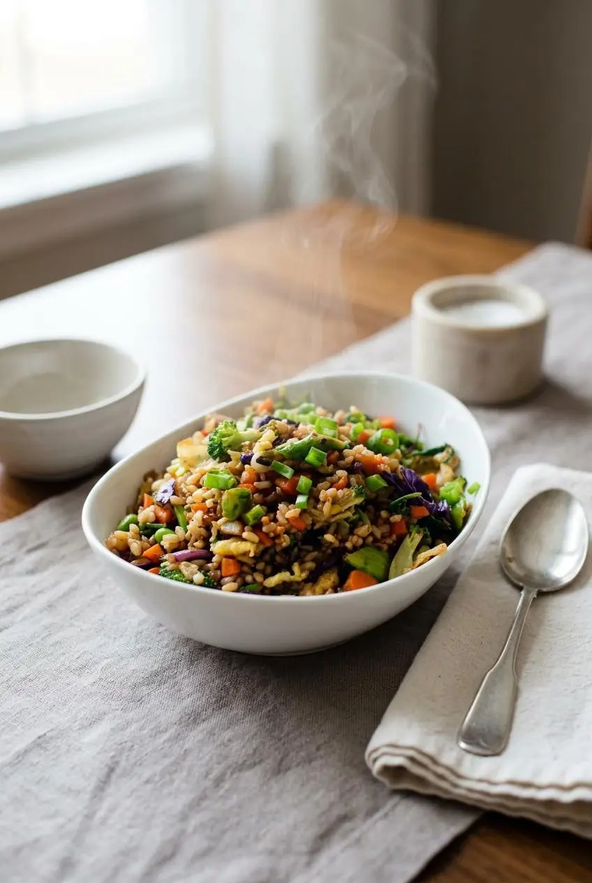 A large bowl of freshly made vegetable fried rice on a table, set with a napkin, a spoon, and a small empty bowl for serving.