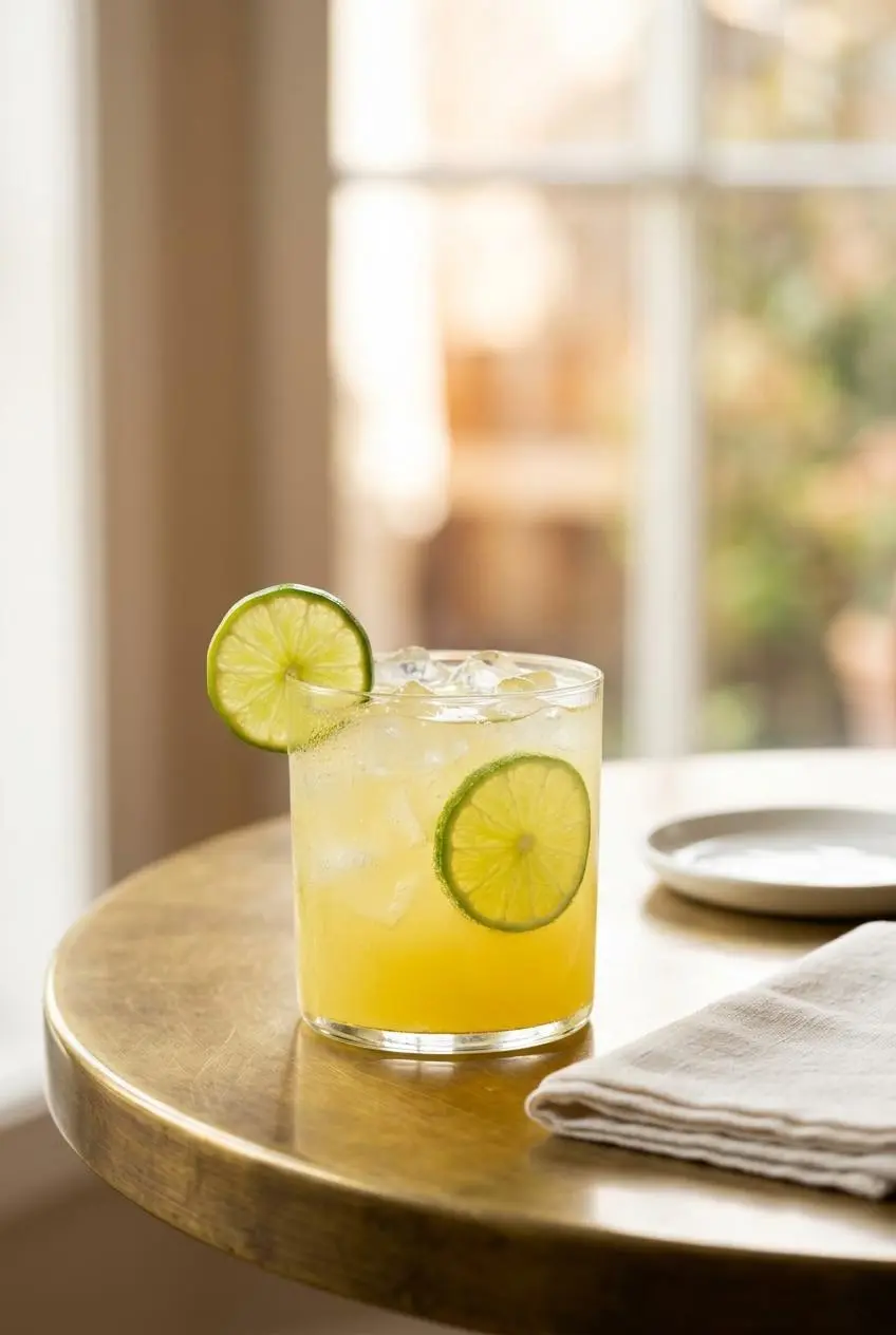 A glass of non-alcoholic margarita mocktail served on a small table next to a sunlit window.