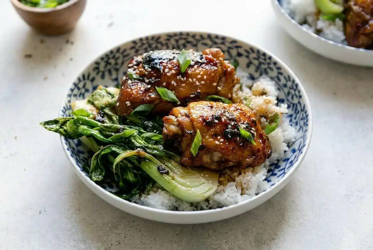 Several tender Shoyu Chicken thighs braising in a dark, glossy, savory-sweet sauce inside a dark cooking pot.