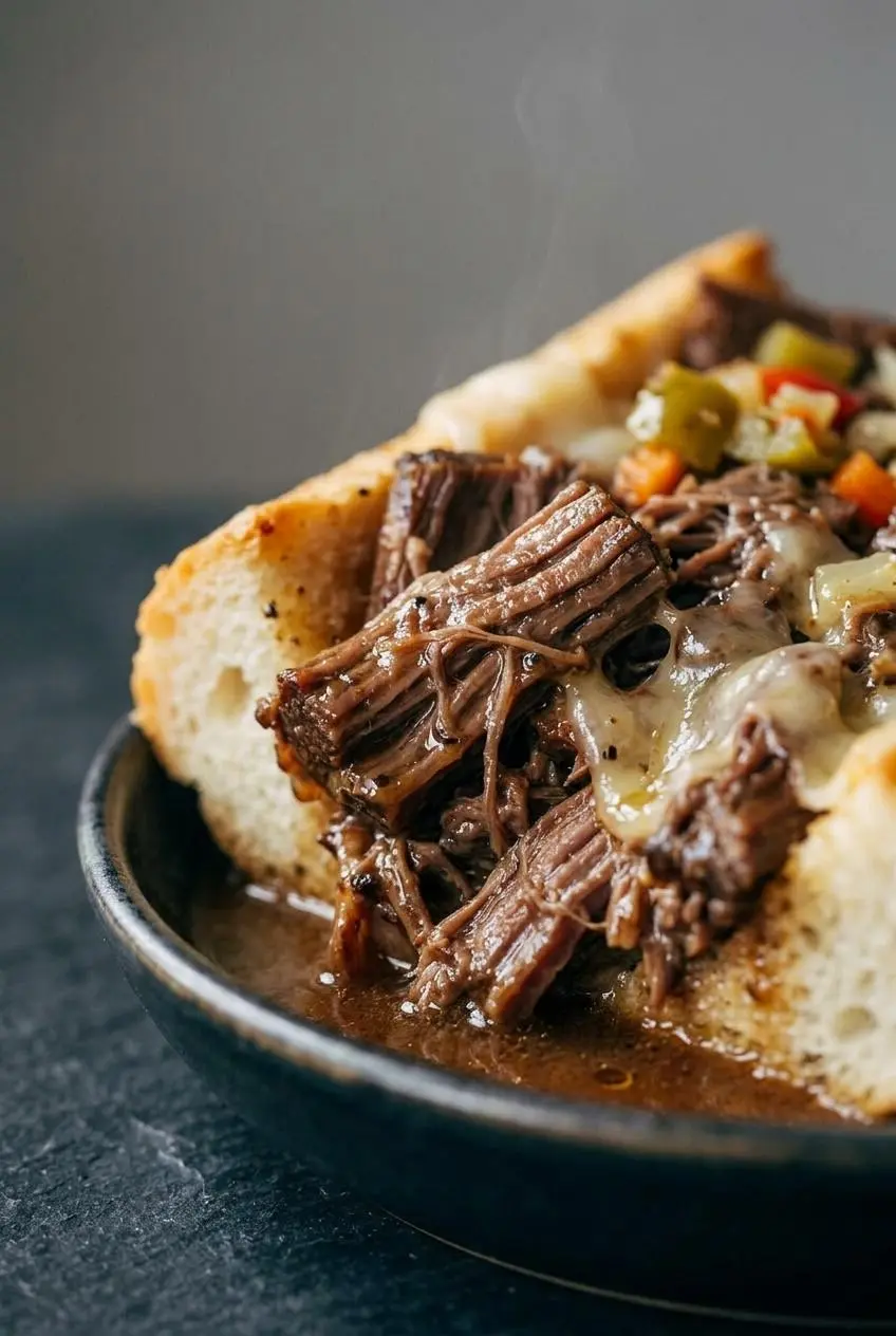 A tight close-up showing the texture of fall-apart shredded Italian beef soaked in a glossy, rich jus in a dark bowl.