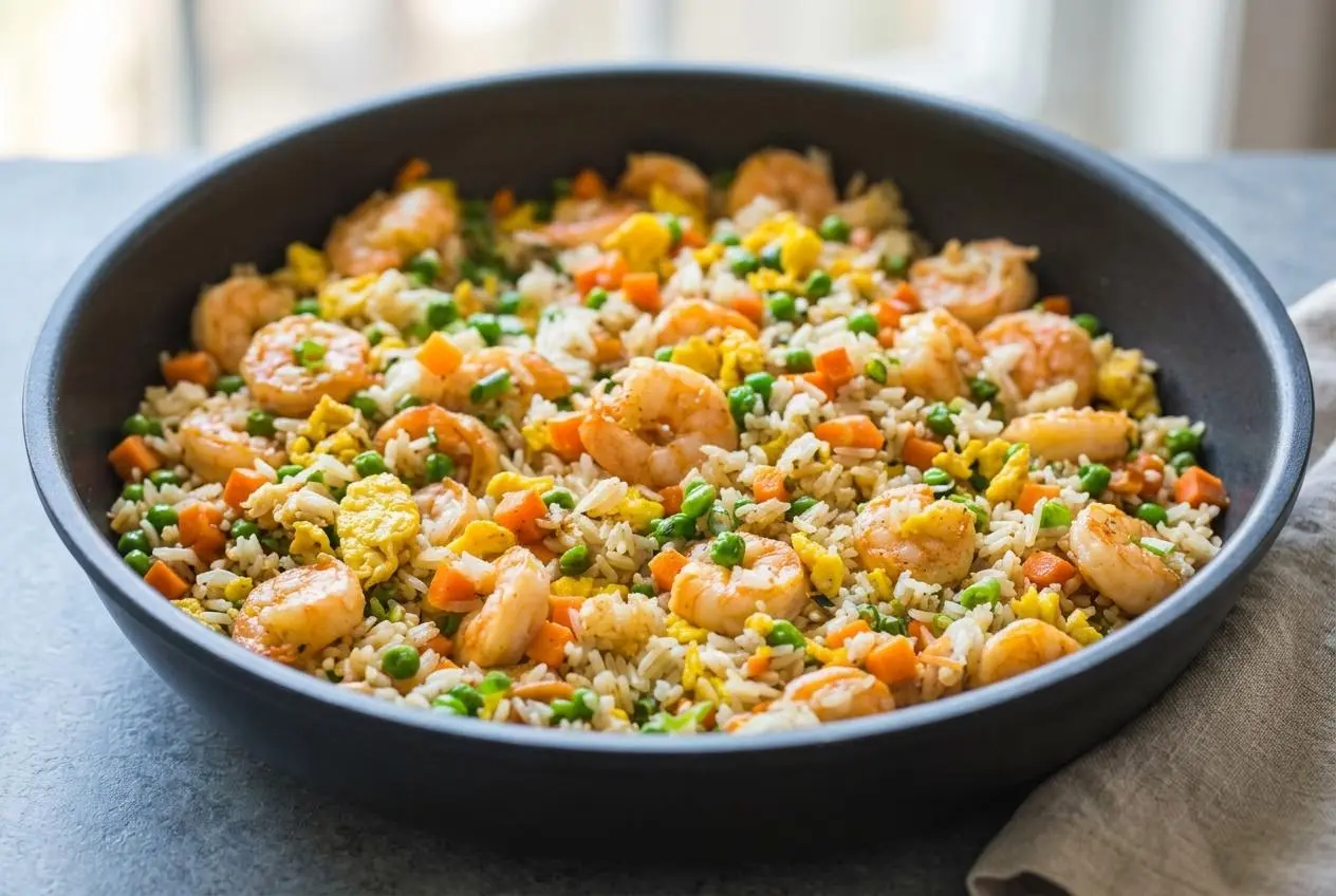 A bowl of takeout-style shrimp fried rice with juicy shrimp, fluffy rice, and a savory sesame sheen.