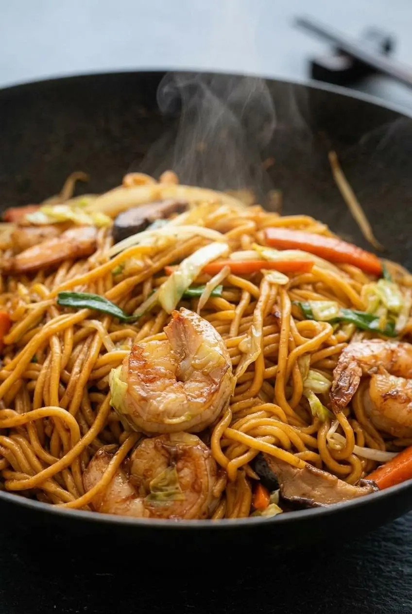Extreme close-up of shrimp lo mein showing the glossy sauce clinging to chewy noodles, shrimp, and vegetables.