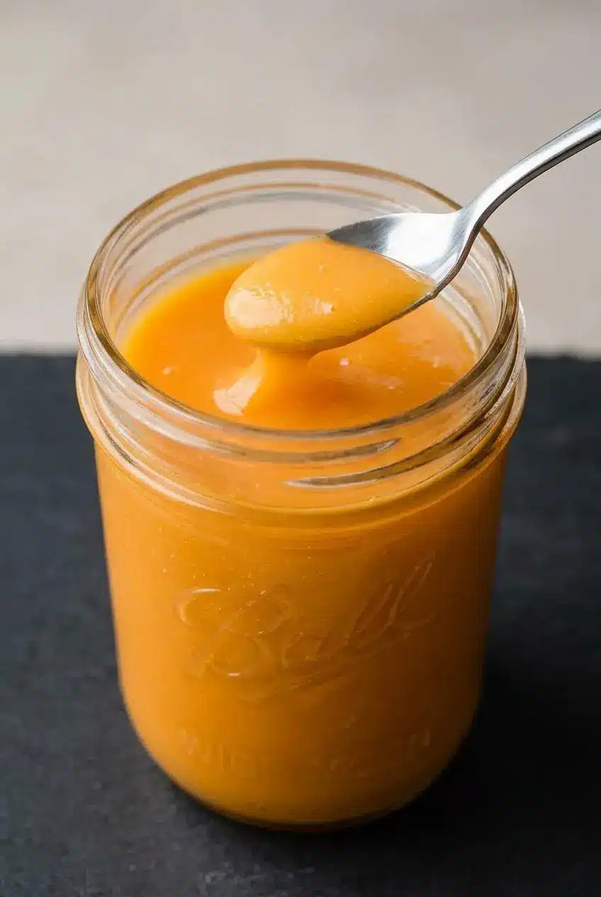 A close-up macro shot of smooth orange curd in a bowl, with a clean spoon lifting a thick ribbon to show its glossy, silky texture.