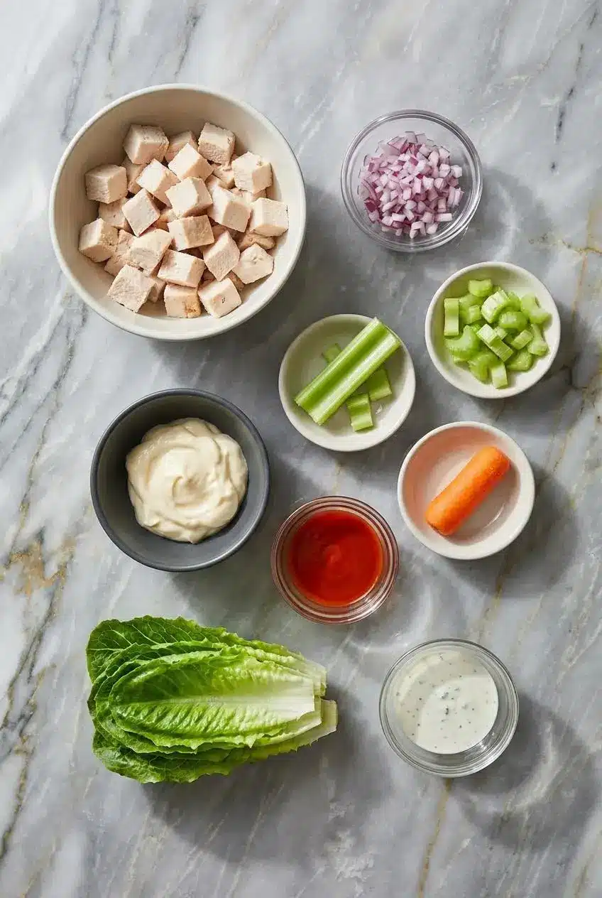 Overhead view of ingredients for Buffalo Chicken Salad, including rotisserie chicken, mayonnaise, celery, and spices like smoked paprika.