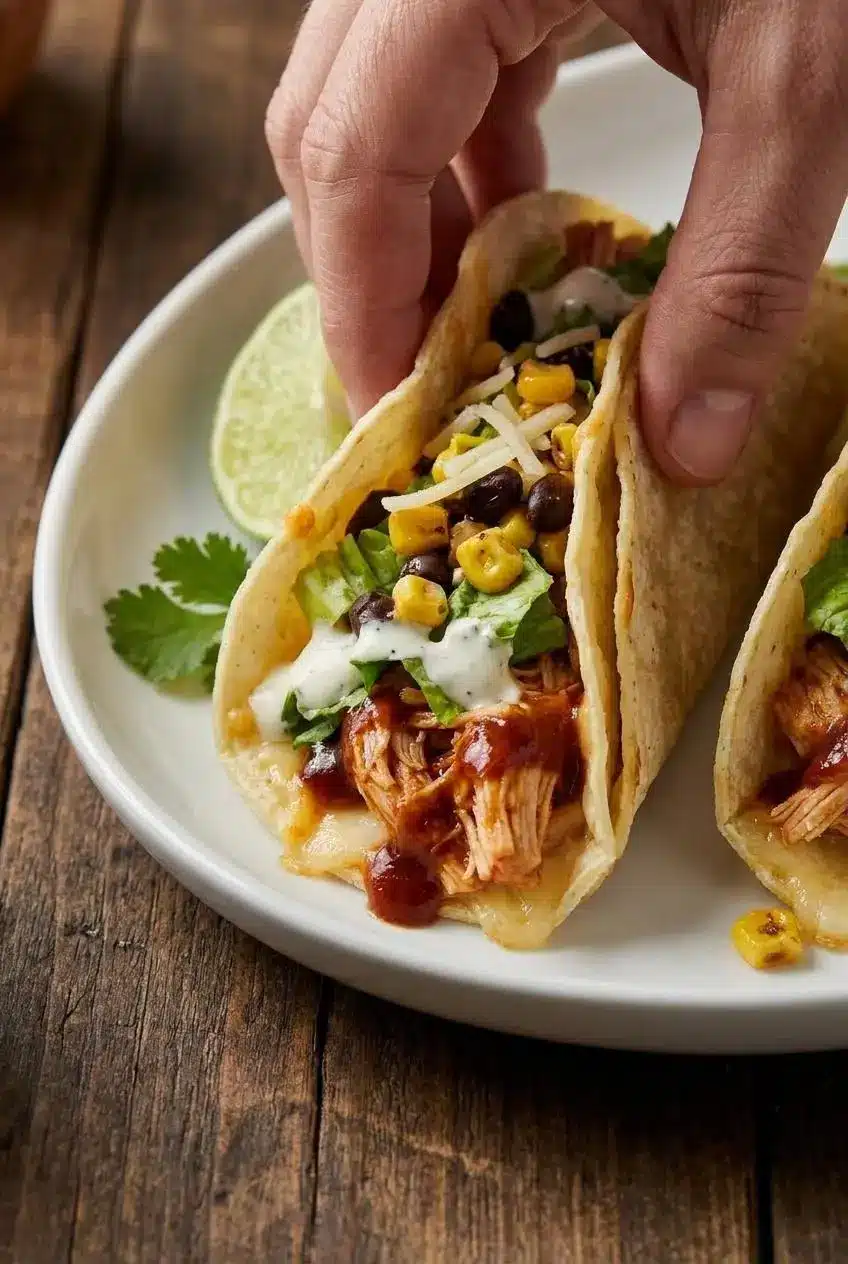 A close-up of smoky, shredded chicken being tossed with BBQ sauce in a hot skillet for our BBQ chicken tacos.