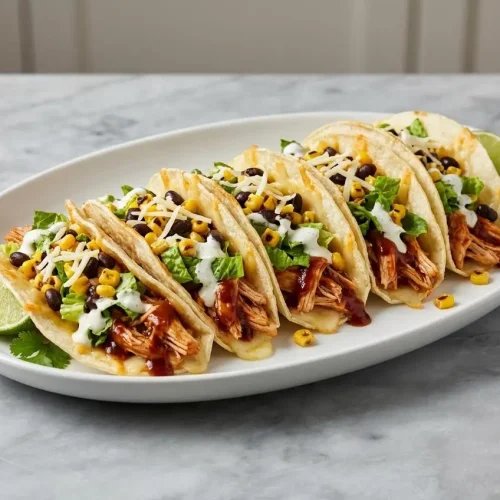 Three BBQ chicken tacos with smoky, pan-seared shredded chicken, melted cheese, lettuce, and a sprinkle of fresh cilantro.
