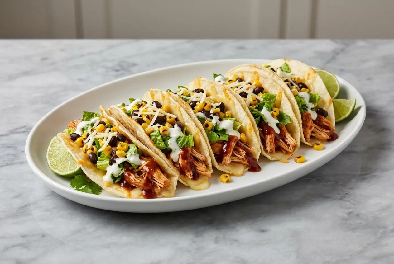 Three BBQ chicken tacos with smoky, pan-seared shredded chicken, melted cheese, lettuce, and a sprinkle of fresh cilantro.
