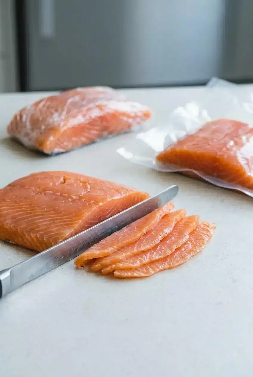 A fillet of cold smoked salmon being thinly sliced with a long knife on a kitchen counter, with a vacuum-sealed portion nearby.