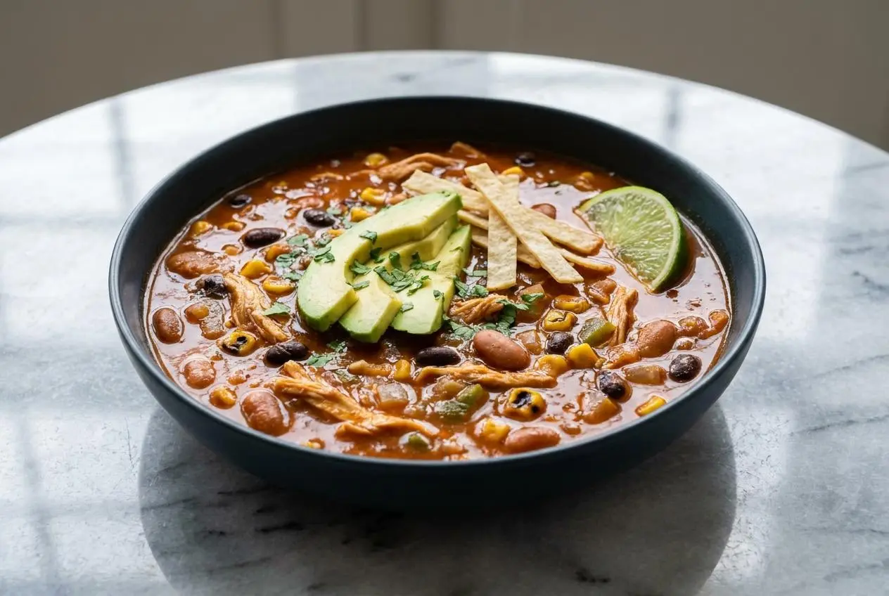 A rich bowl of Southwest Chicken Soup with a smoky adobo broth, topped with fresh cilantro, avocado, and crispy tortilla strips.